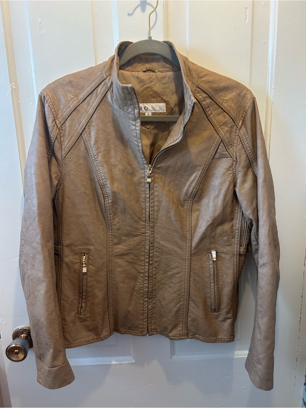 Cleo Taupe Vegan Leather Moto-Style Zip Jacket Biker Chic